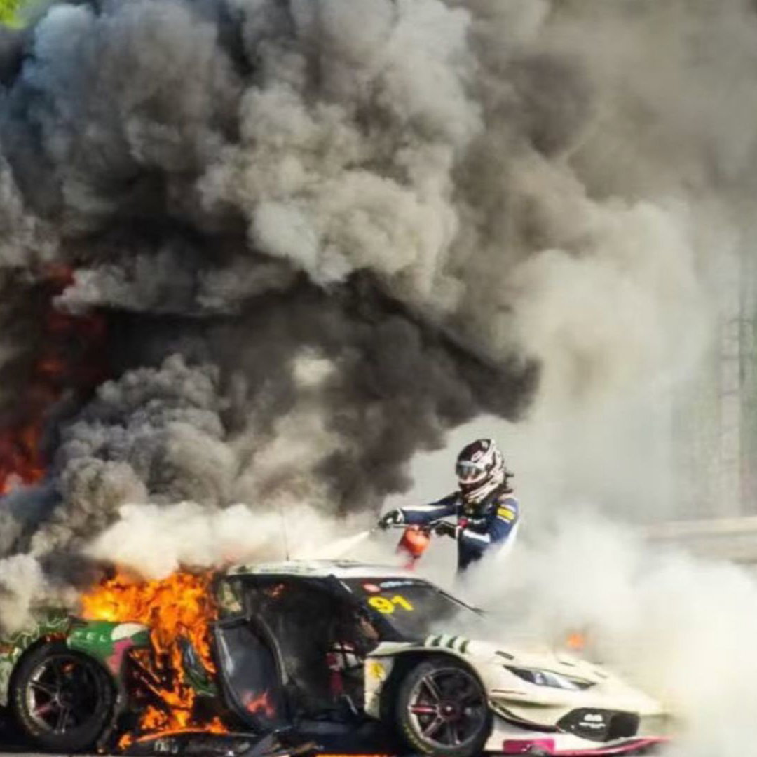 Ollie Millroy's burning Ferrari after China GT crash