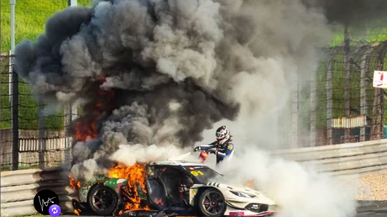 Ollie Millroy's burning Ferrari after China GT crash