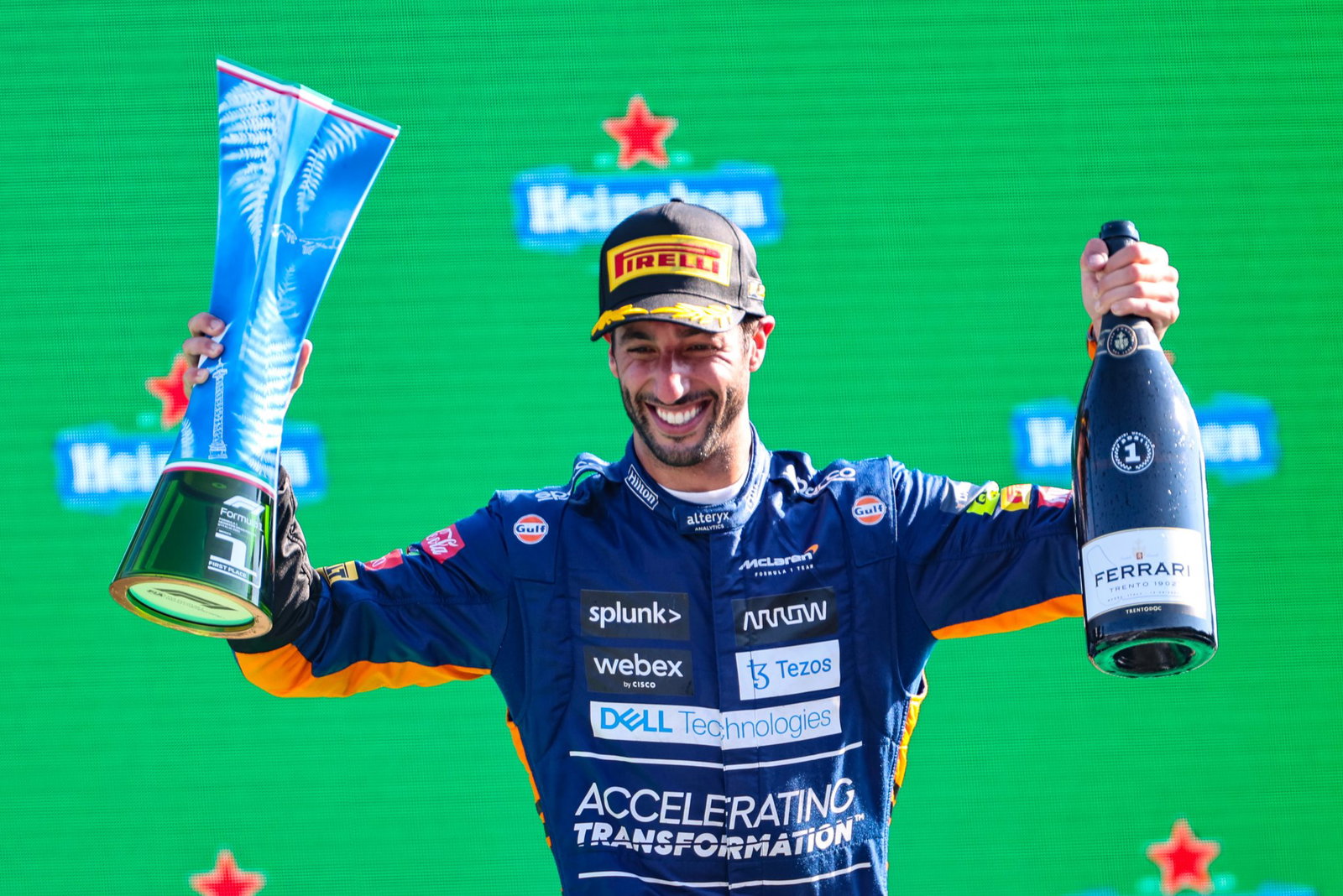 Ricciardo lifted a generic trophy designed by the title sponsor in 2021
