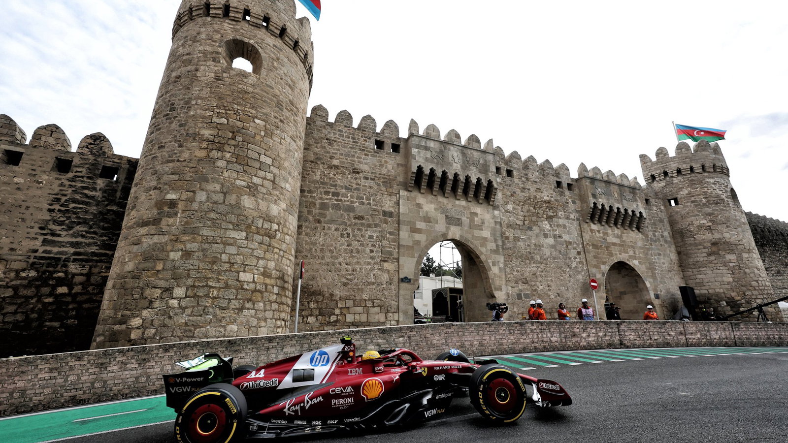 Lewis Hamilton passes the iconic castle section in Baku