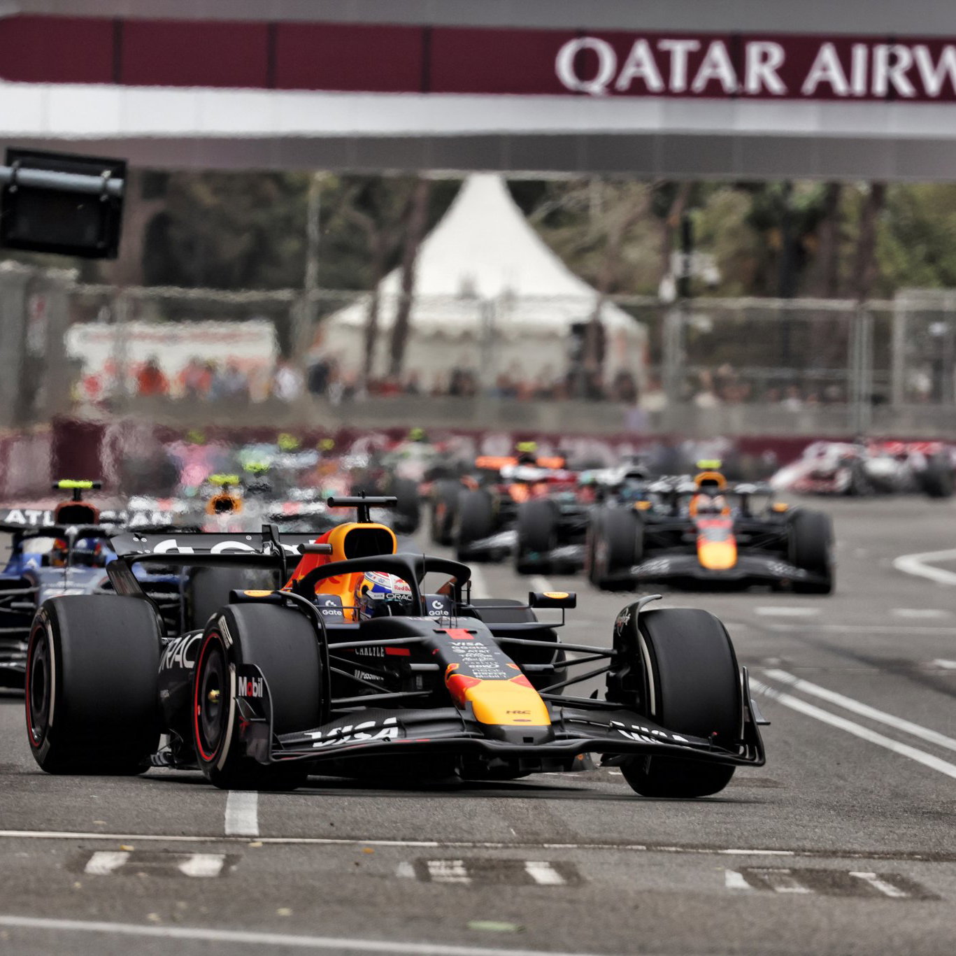 Max Verstappen leads at the start of the 2025 Azerbaijan Grand Prix