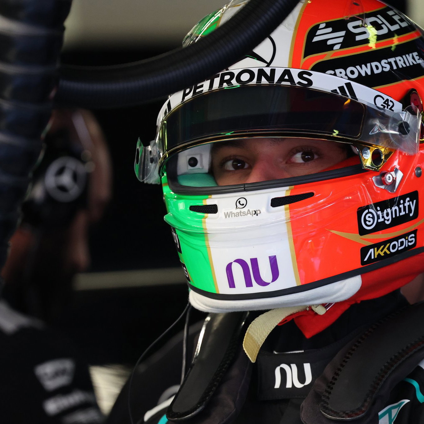 Kimi Antonelli is wearing a Valentino Rossi-themed helmet