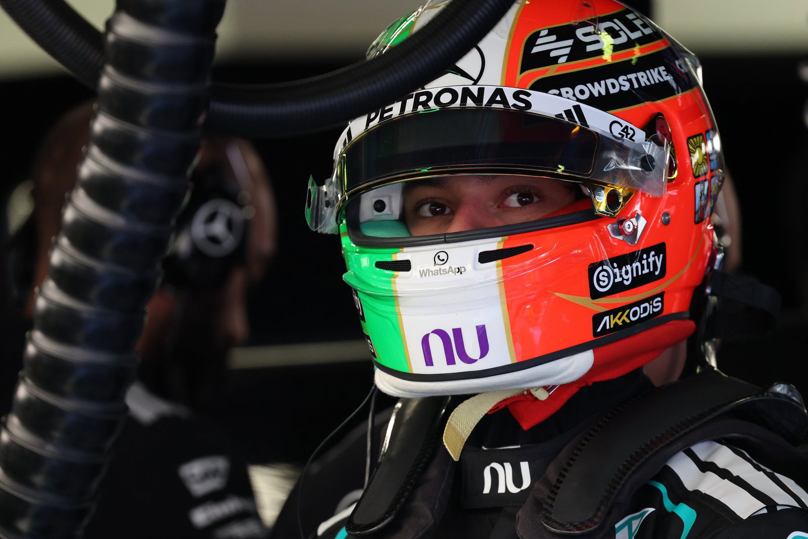 Kimi Antonelli is wearing a Valentino Rossi-themed helmet