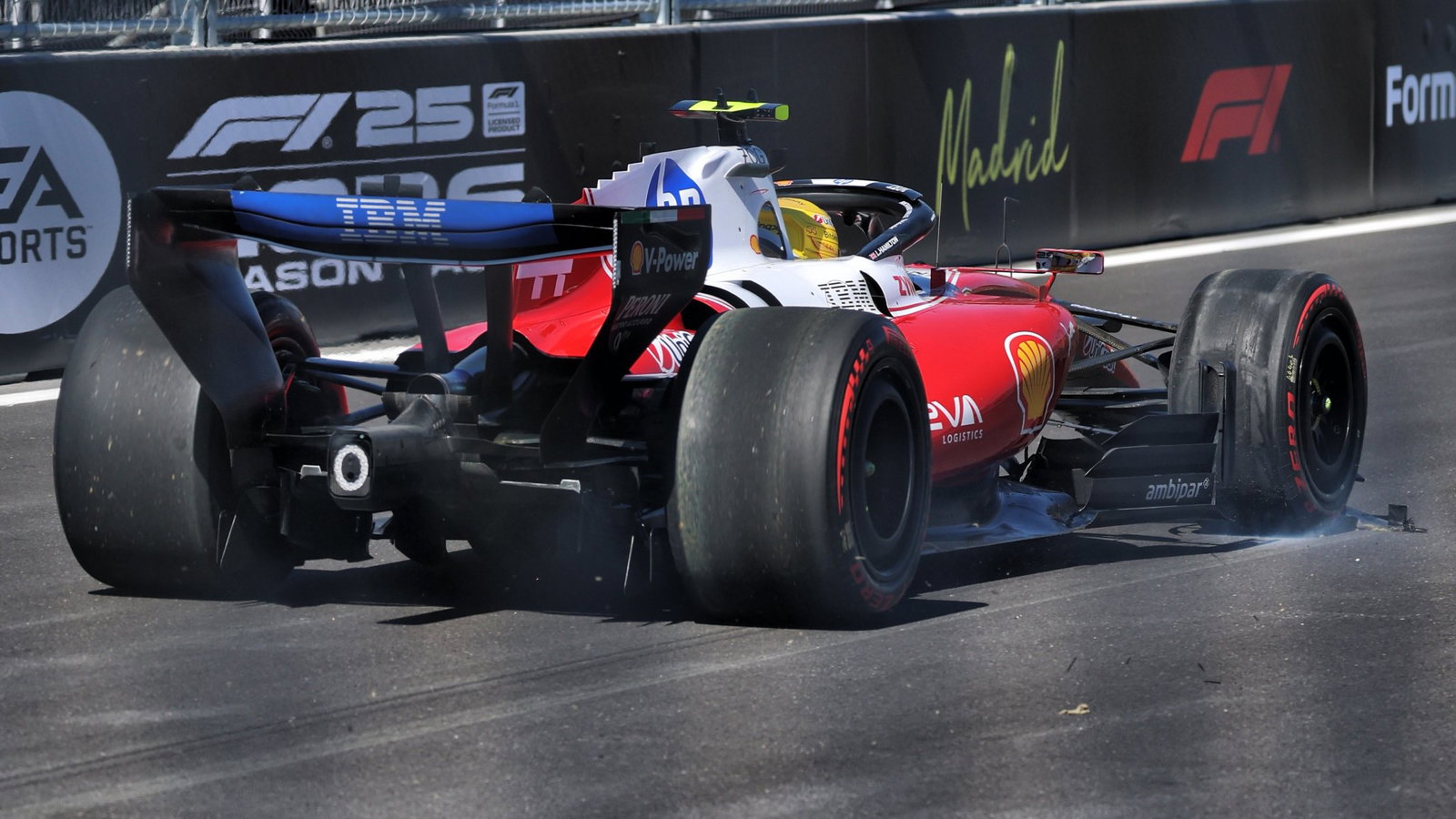 Lewis Hamilton driving with damage to his Ferrari 