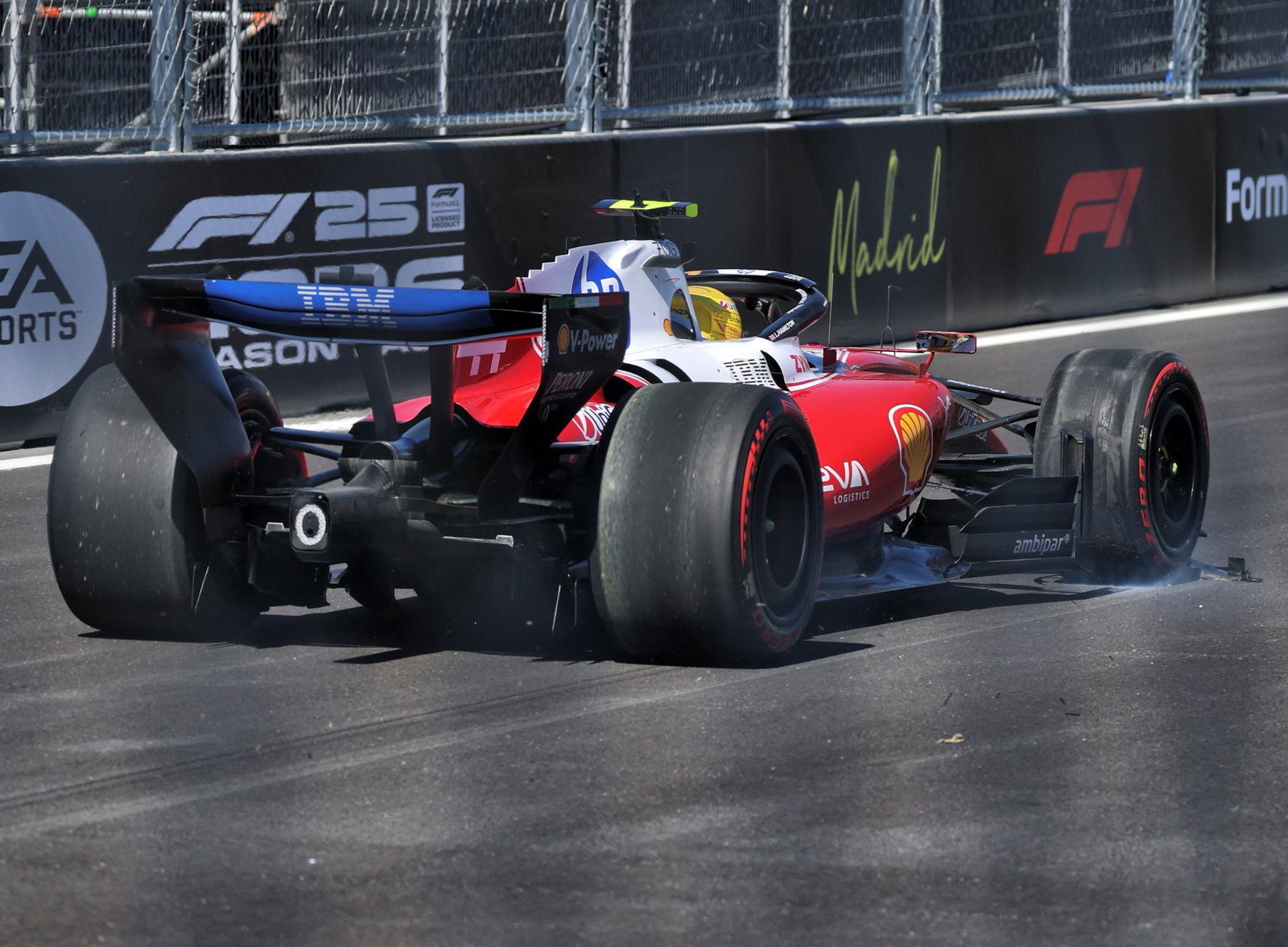 Lewis Hamilton driving with damage to his Ferrari