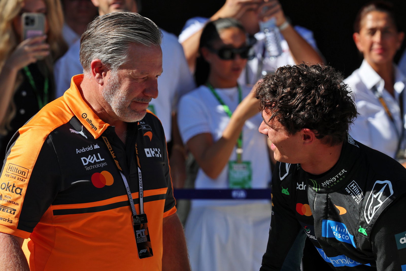 Zak Brown congratulates Lando Norris after taking pole in Madrid 