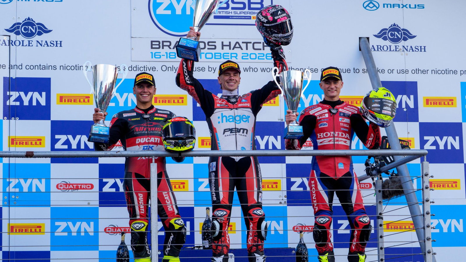 Kyle Ryde, Scott Reding, Ryan Vickers, Race 1 podium, BSB, 2026 Brands Hatch, Showdown
