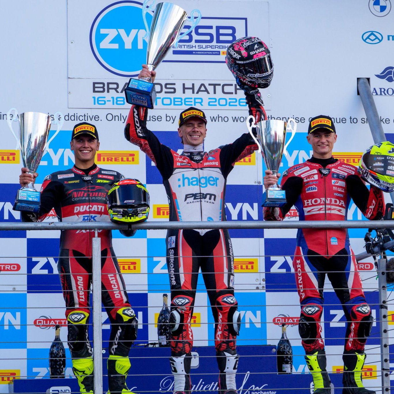 Kyle Ryde, Scott Reding, Ryan Vickers, Race 1 podium, BSB, 2026 Brands Hatch, Showdown