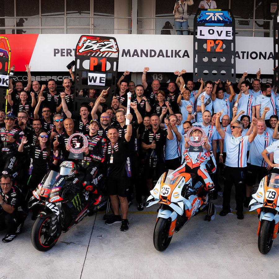 Aprilia celebrates top four sweep at the Indonesian MotoGP.