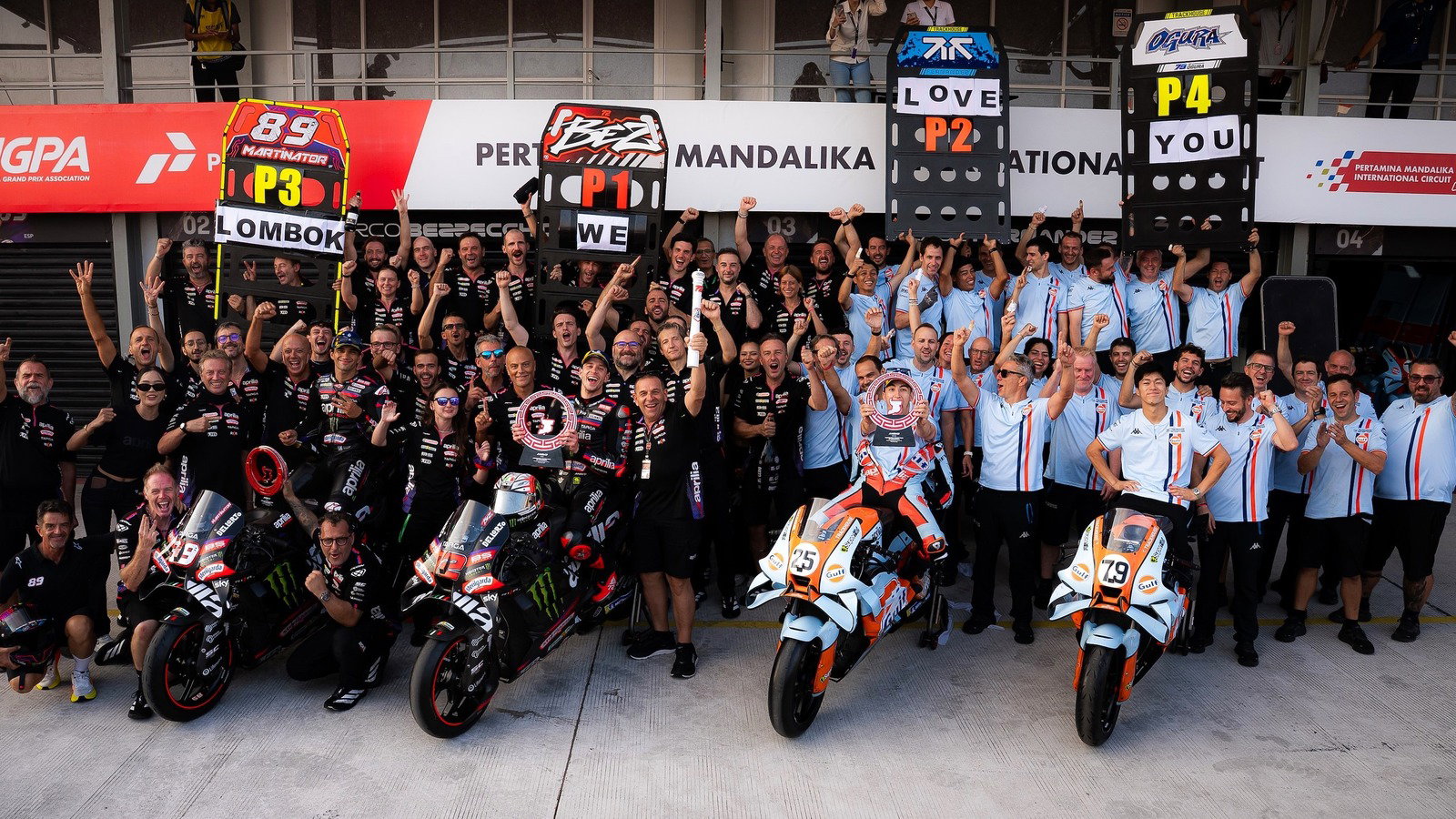 Aprilia celebrates top four sweep at the Indonesian MotoGP.