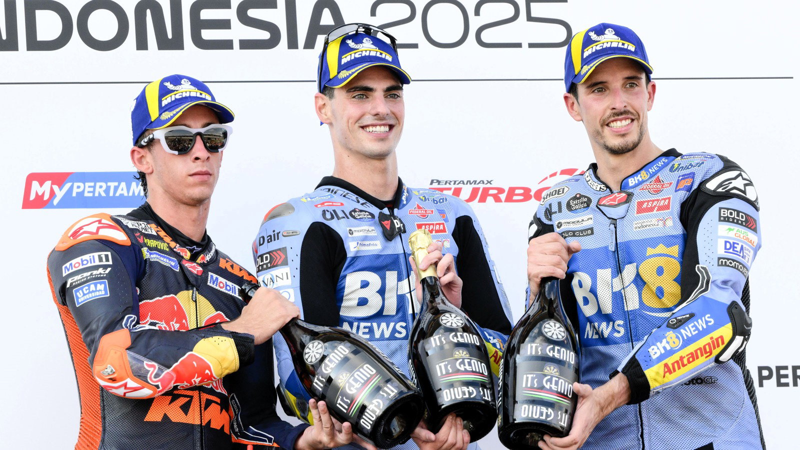 Fermin Aldeguer, Alex Marquez, Pedro Acosta, 2025 Indonesian MotoGP.