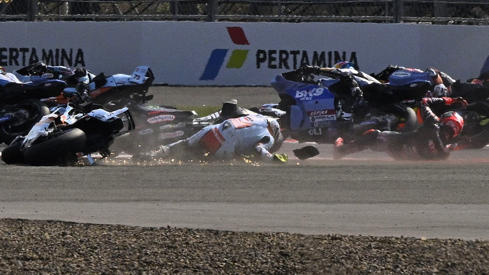 Bezzecchi, Fernandez, down at Turn 1, Sprint, 2026 Indonesian MotoGP. 