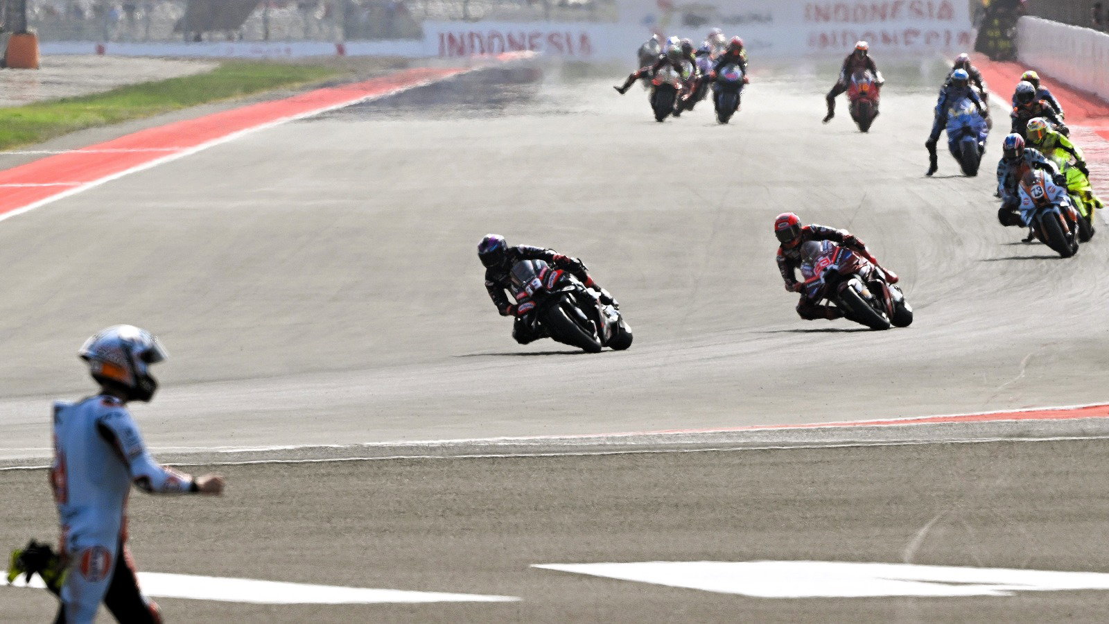 Fernandez walks away from turn 1 Sprint accident, Martin leads Marquez, Sprint, 2026 Indonesian MotoGP. 