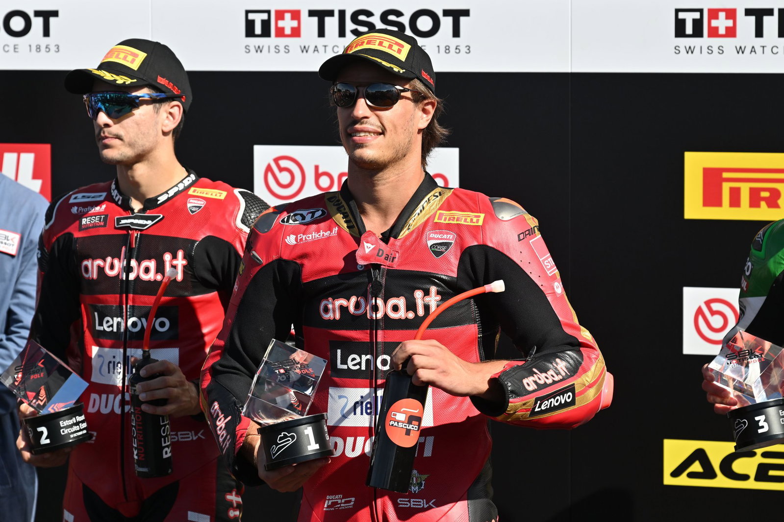 Nicolo Bulega, Iker Lecuona, 2026 Estoril WorldSBK, parc ferme. Credit: Gold and Goose.