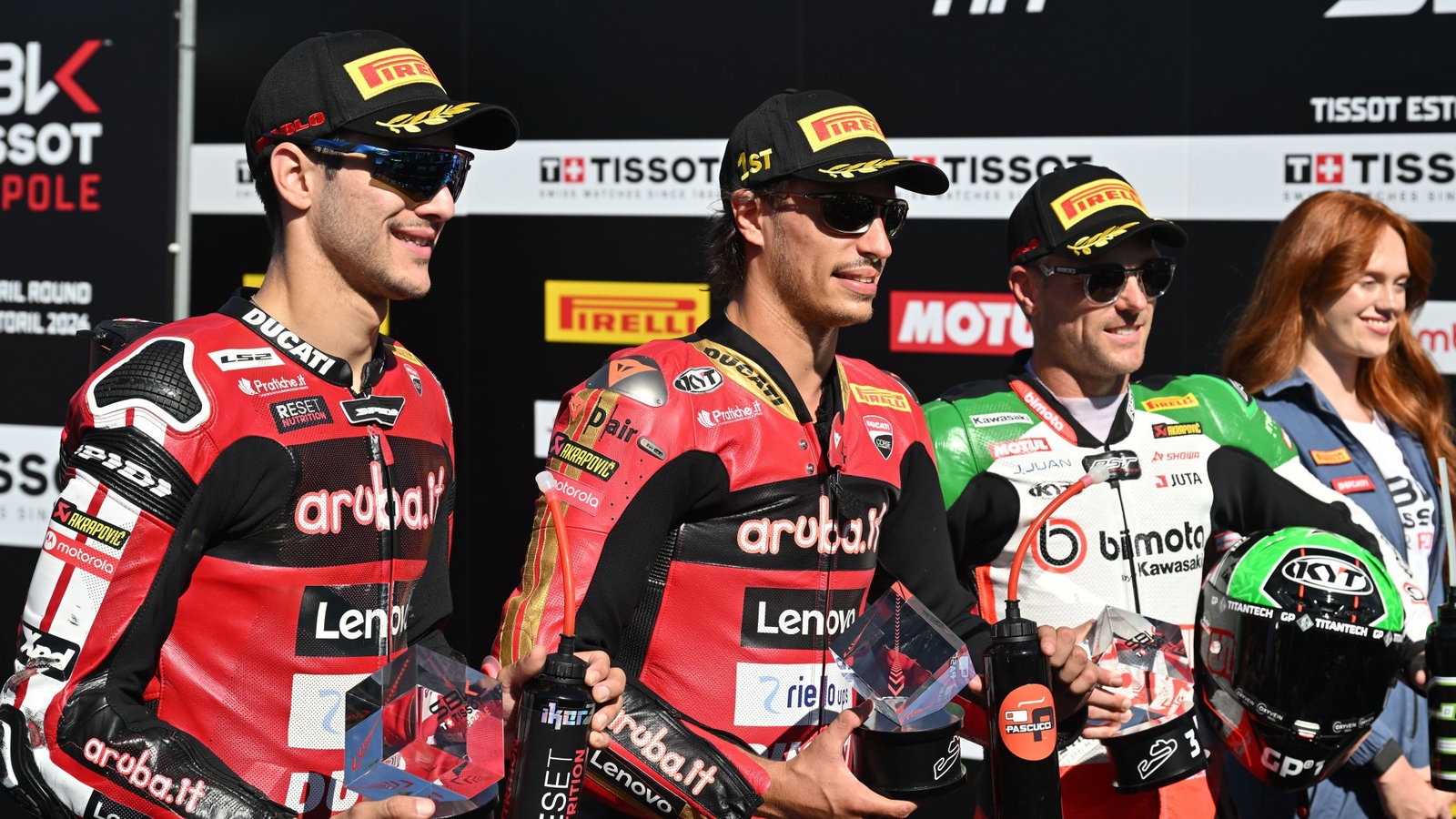 Iker Lecuona, Nicolo Bulega, Alex Lowes, 2026 Estoril WorldSBK, parc ferme. Credit: Gold and Goose.