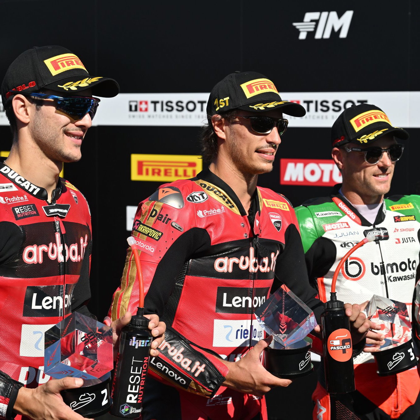 Iker Lecuona, Nicolo Bulega, Alex Lowes, 2026 Estoril WorldSBK, parc ferme. Credit: Gold and Goose.