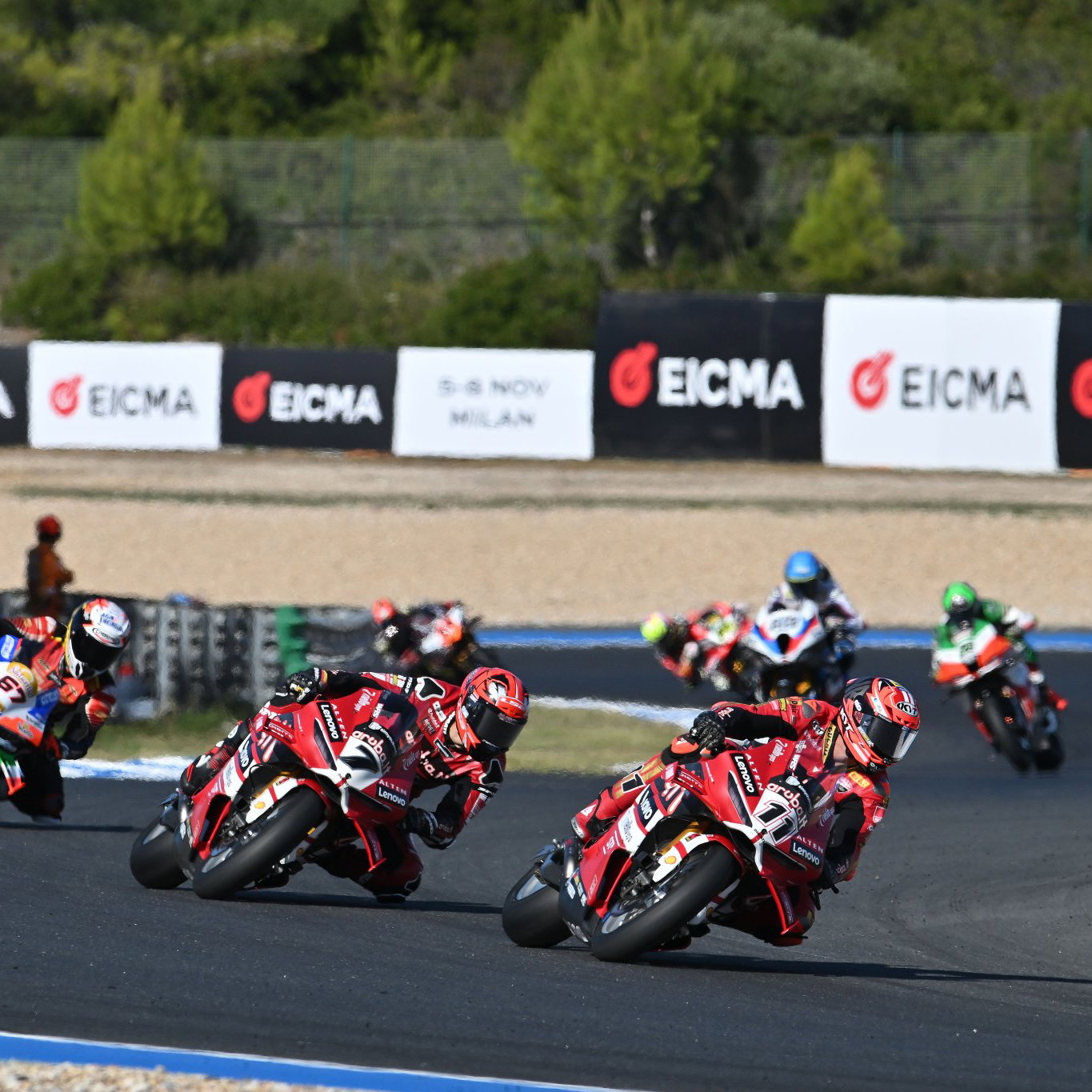 Nicolo Bulega leads Iker Lecuona, 2026 Estoril WorldSBK. Credit: Gold and Goose.