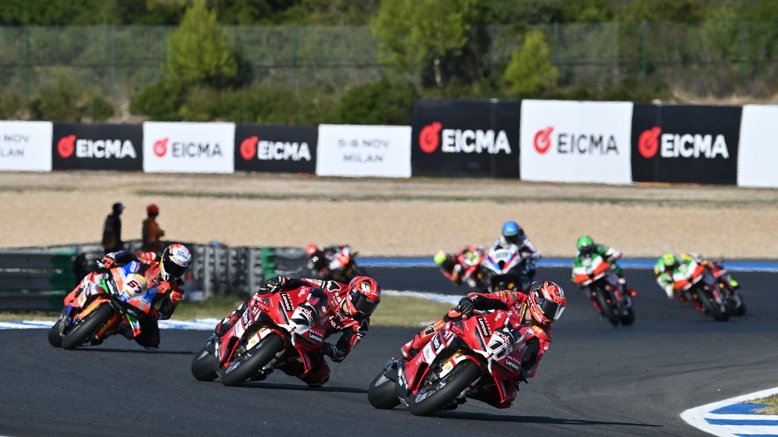 Nicolo Bulega leads Iker Lecuona, 2026 Estoril WorldSBK. Credit: Gold and Goose.