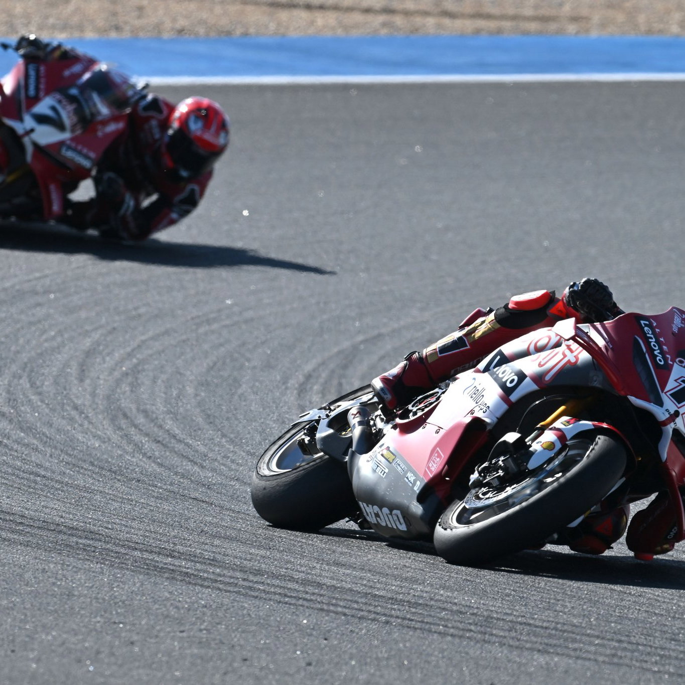 Nicolo Bulega leads Iker Lecuona, 2026 Estoril WorldSBK, Race 1. Credit: Gold and Goose.
