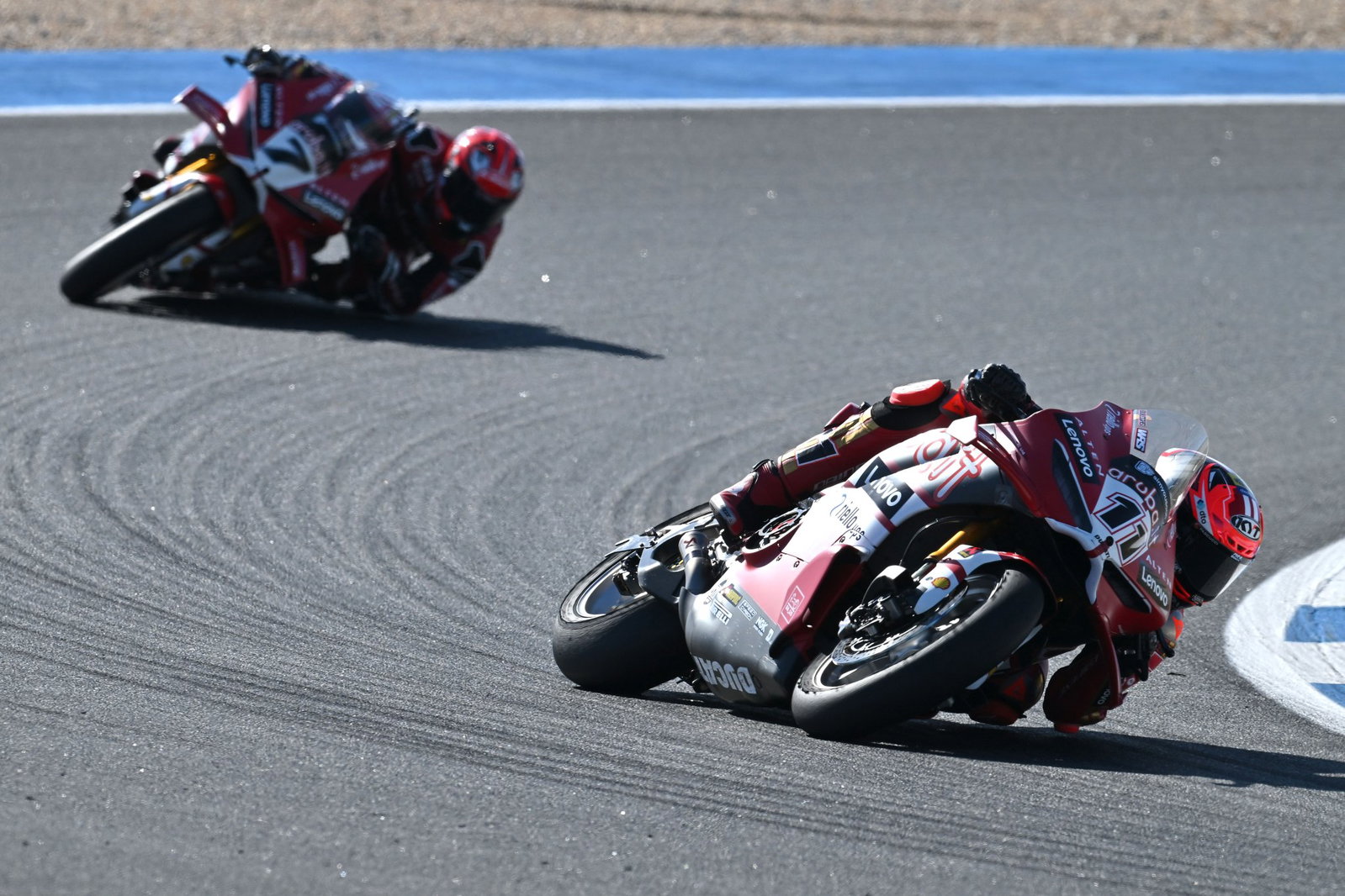 Nicolo Bulega leads Iker Lecuona, 2026 Estoril WorldSBK, Race 1. Credit: Gold and Goose.