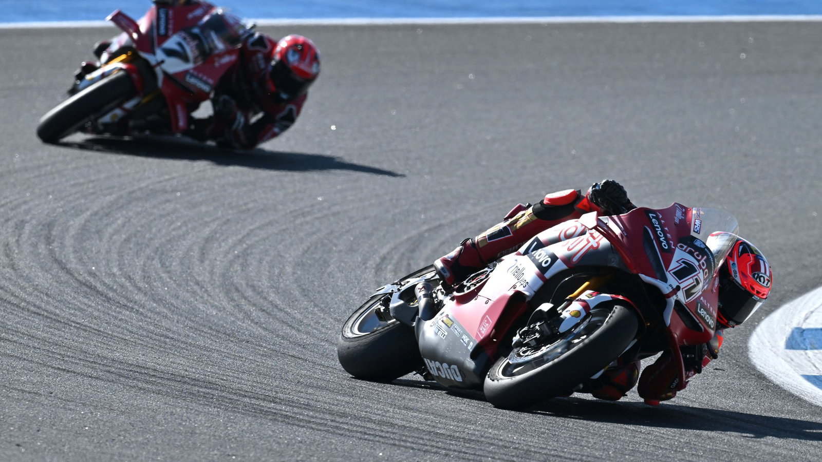 Nicolo Bulega leads Iker Lecuona, 2026 Estoril WorldSBK, Race 1. Credit: Gold and Goose.