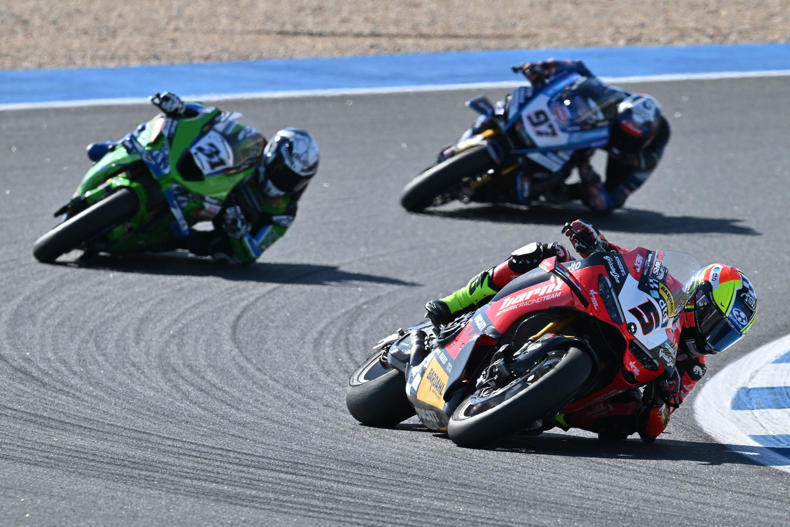 Yari Montella leads Garrett Gerloff, Xavi Vierge, 2026 Estoril WorldSBK, Race 1. Credit: Gold and Goose.