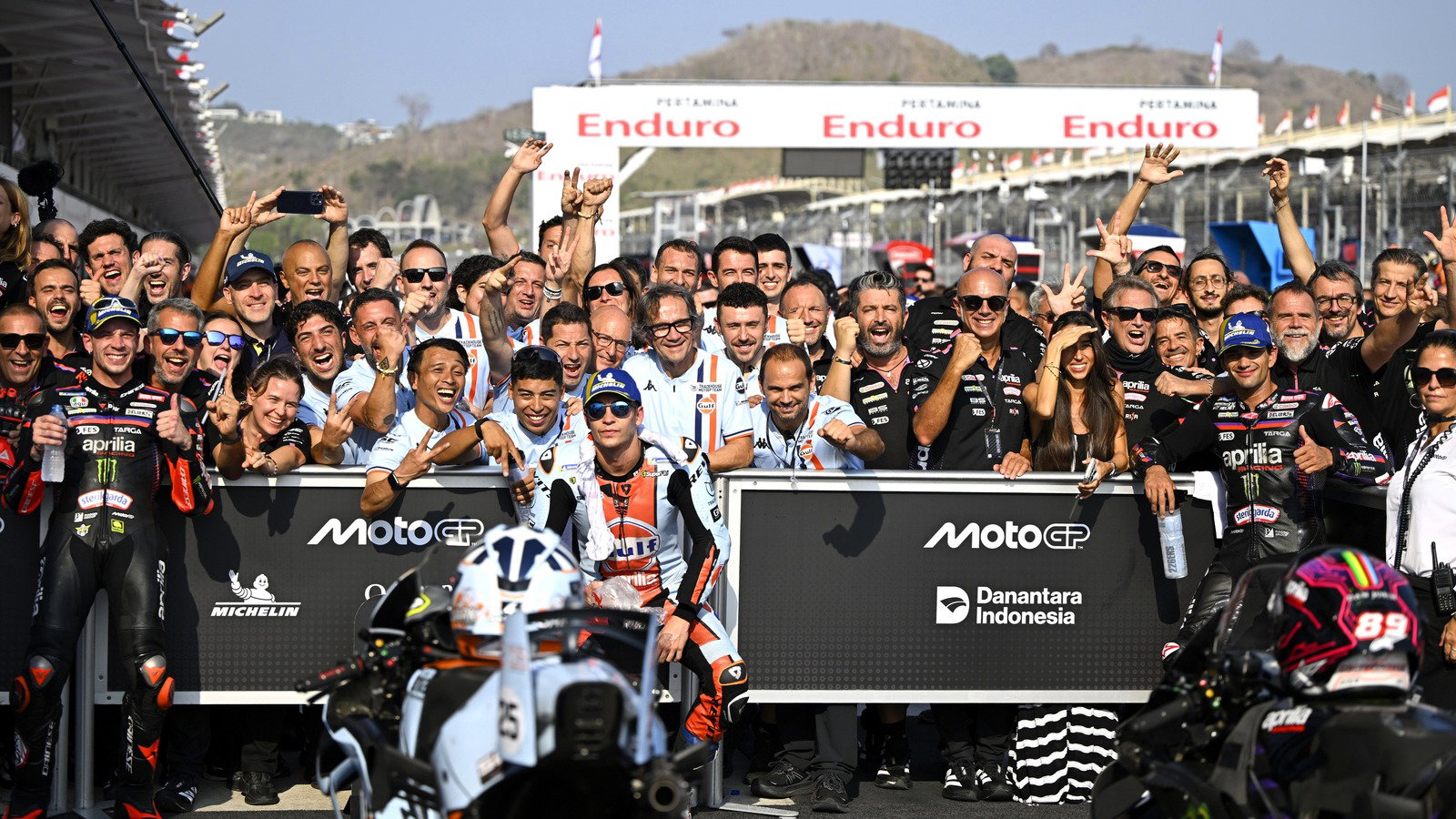 Bezzecchi, Fernandez, Martin and Aprilia celebrate podium sweep, 2026 Indonesian MotoGP. 