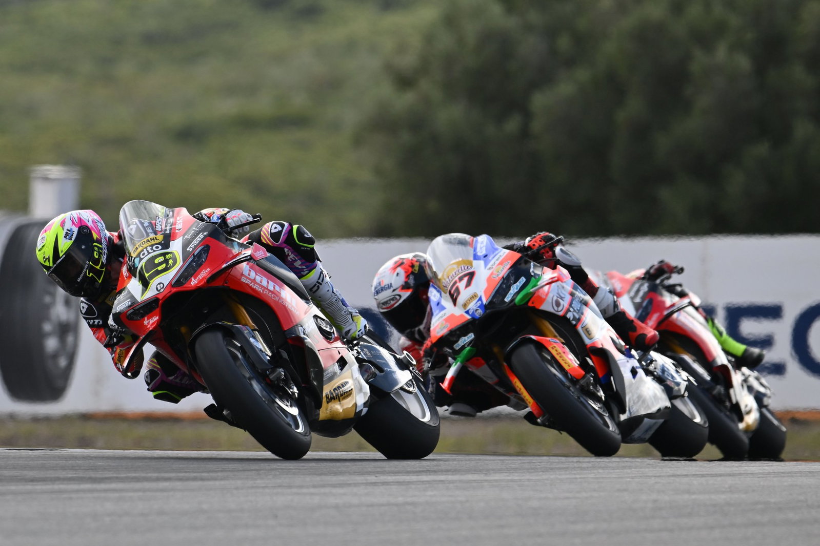 Alvaro Bautista leads Alberto Surra, 2026 Estoril WorldSBK. Credit: Gold and Goose.