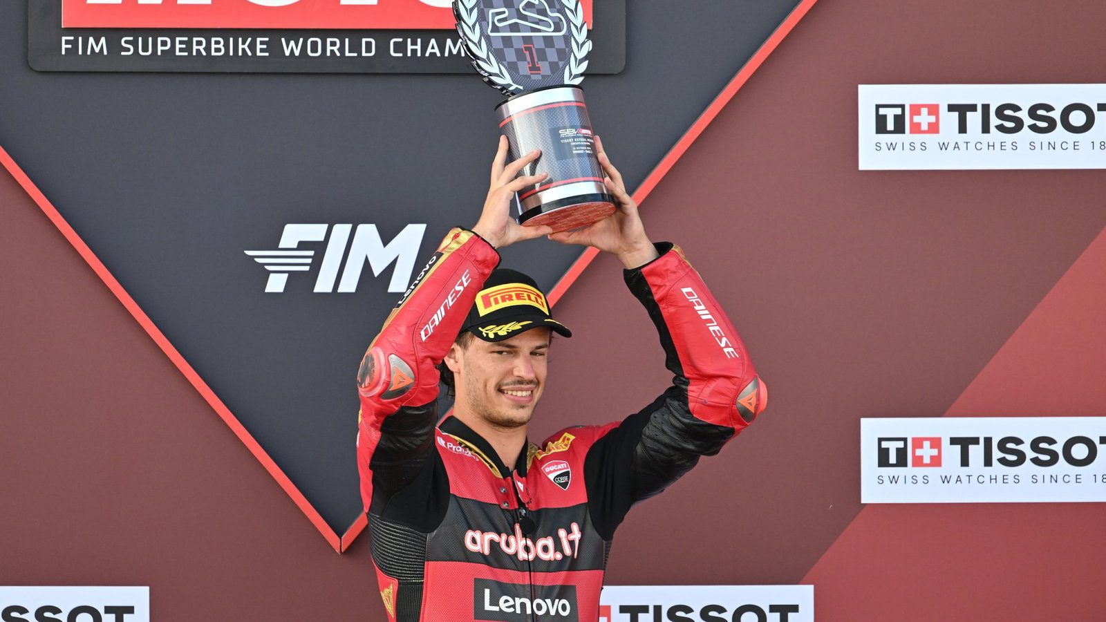 Nicolo Bulega, 2026 Estoril WorldSBK, podium. Credit: Gold and Goose.