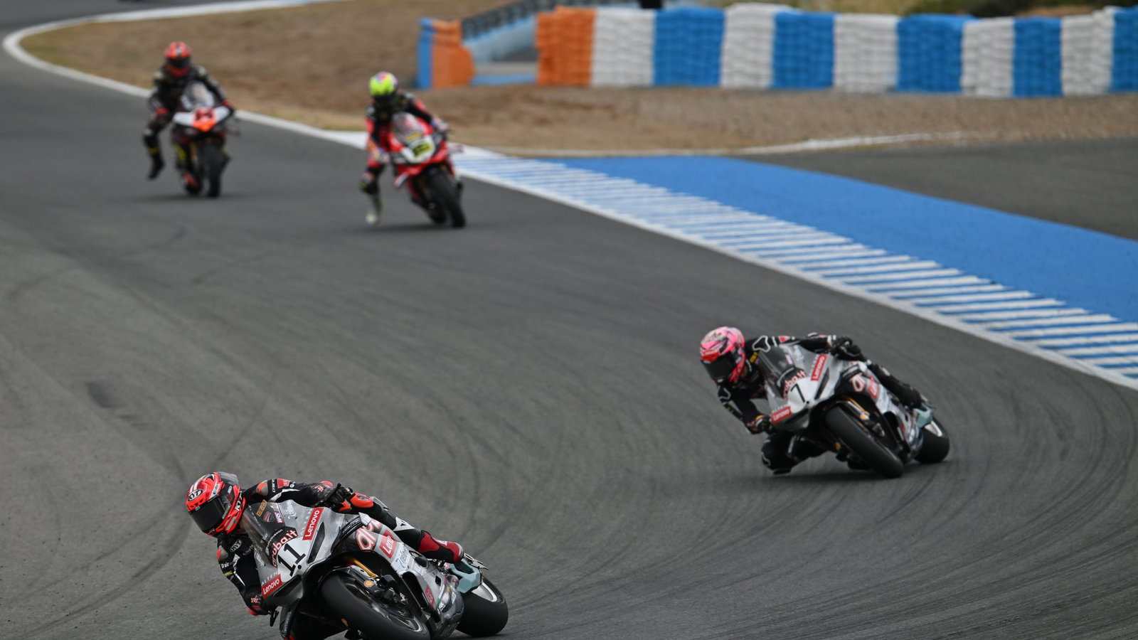 Nicolo Bulega leads Iker Lecuona, 2026 Spanish WorldSBK, Race 2. Credit: Gold and Goose.