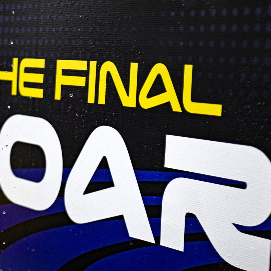 Rain drops on Phillip Island The Final Roar sign, 2026 Australian MotoGP. 