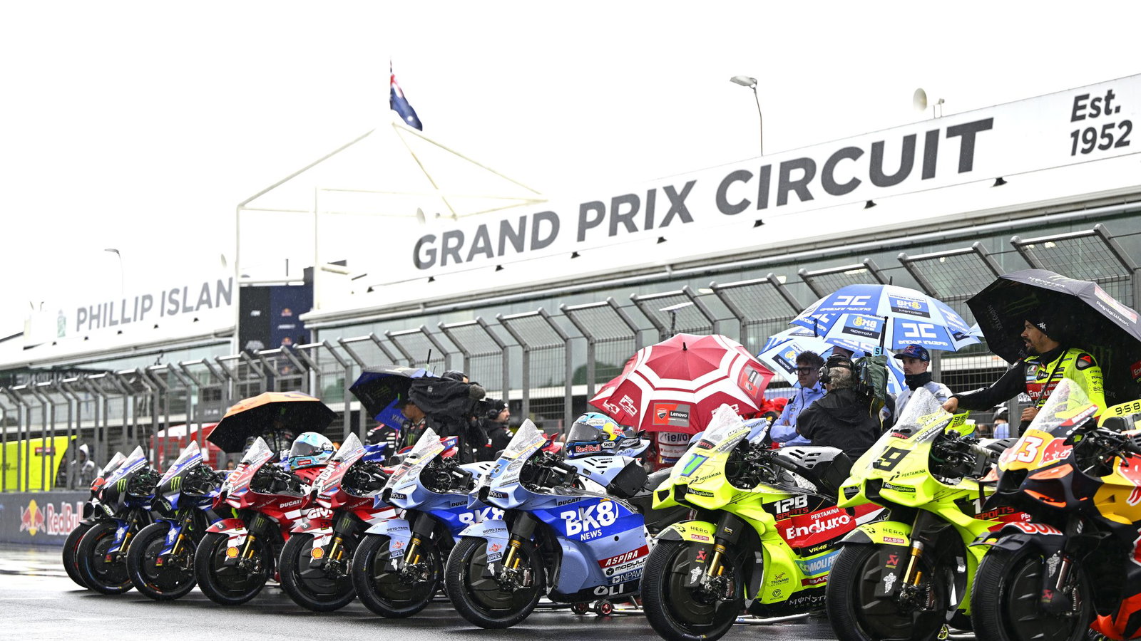 MotoGP bikes lined up at 2026 MotoGP Australian Grand Prix. Credit: Gold and Goose.