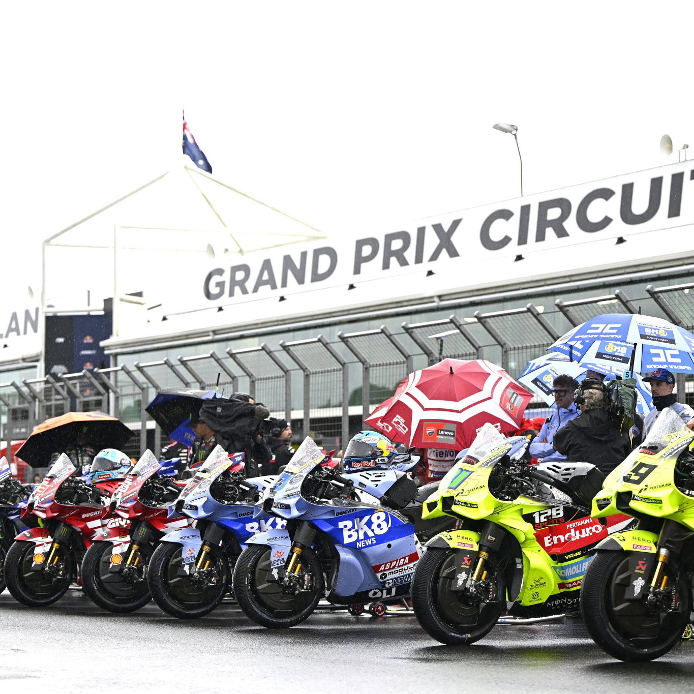 MotoGP bikes lined up at 2026 MotoGP Australian Grand Prix. Credit: Gold and Goose.