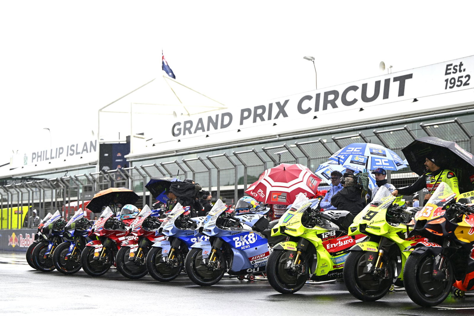 MotoGP bikes lined up at 2026 MotoGP Australian Grand Prix. Credit: Gold and Goose.