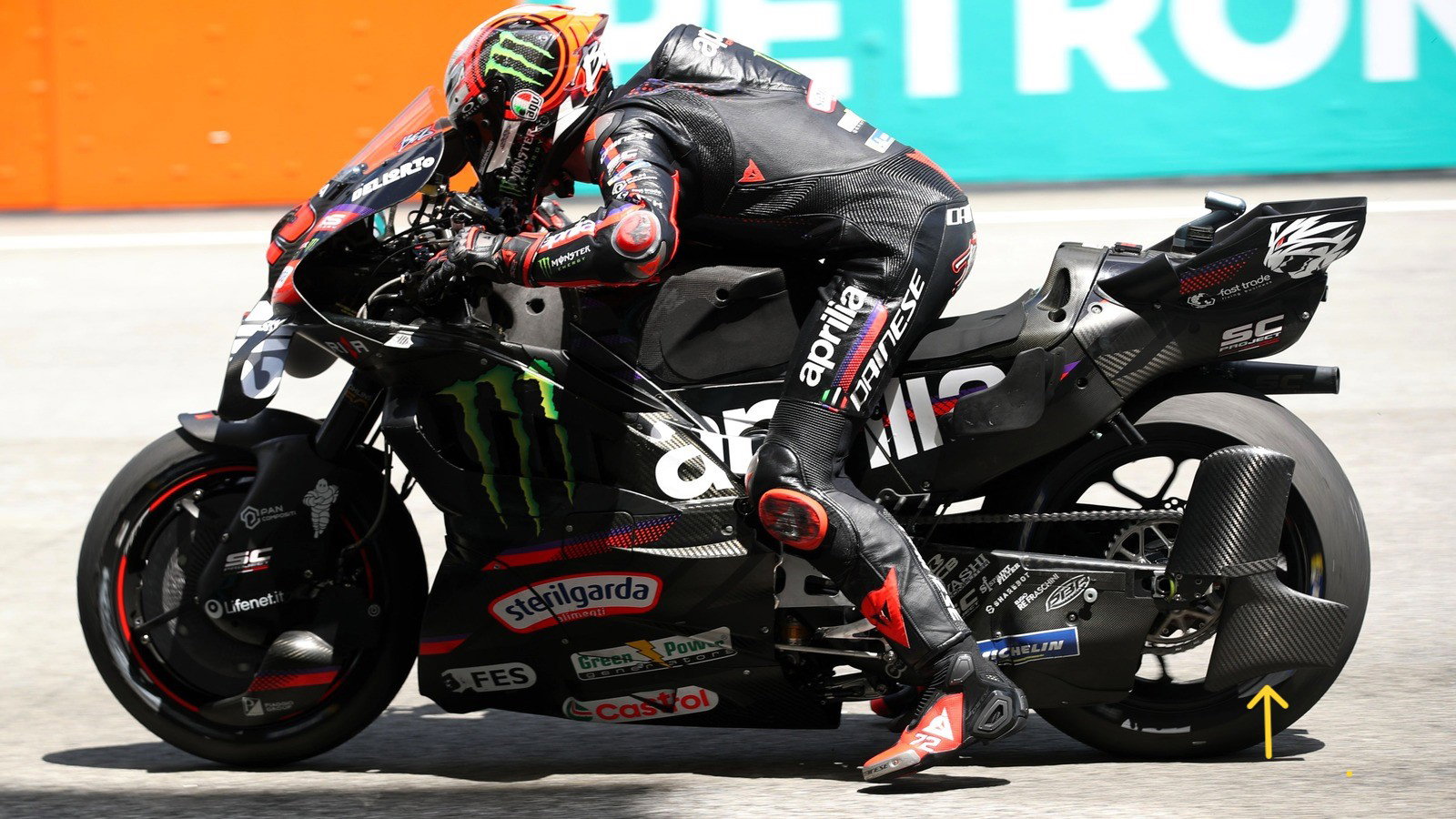 Marco Bezzecchi with latest Aprilia swingarm aero, Friday, 2026 Malaysian MotoGP.