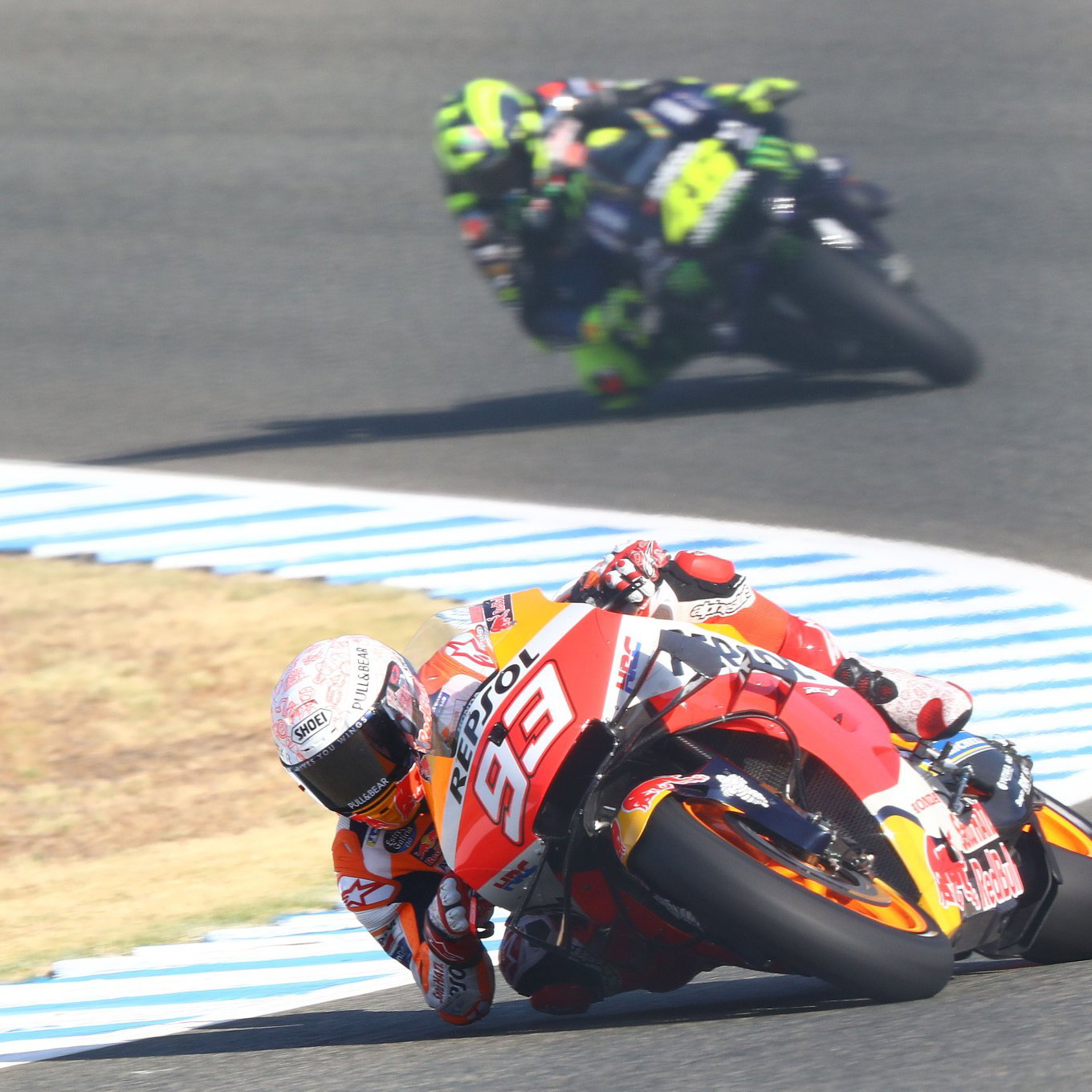 Marc Marquez ahead of Valentino Rossi, 2020 MotoGP Spanish Grand Prix. Credit: Gold and Goose.