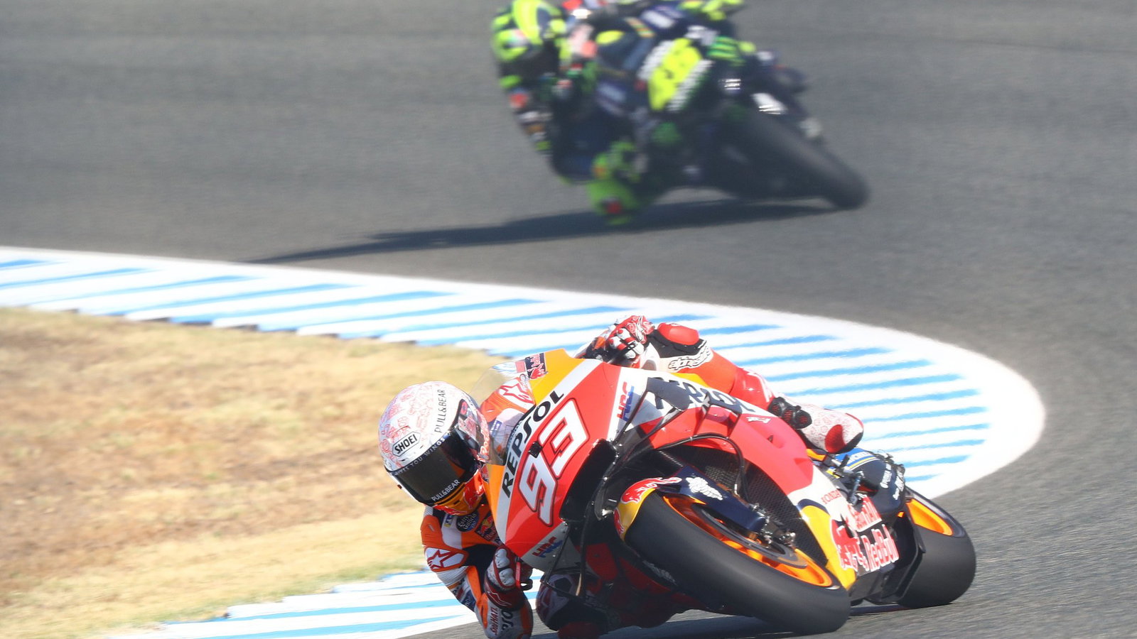 Marc Marquez ahead of Valentino Rossi, 2020 MotoGP Spanish Grand Prix. Credit: Gold and Goose.