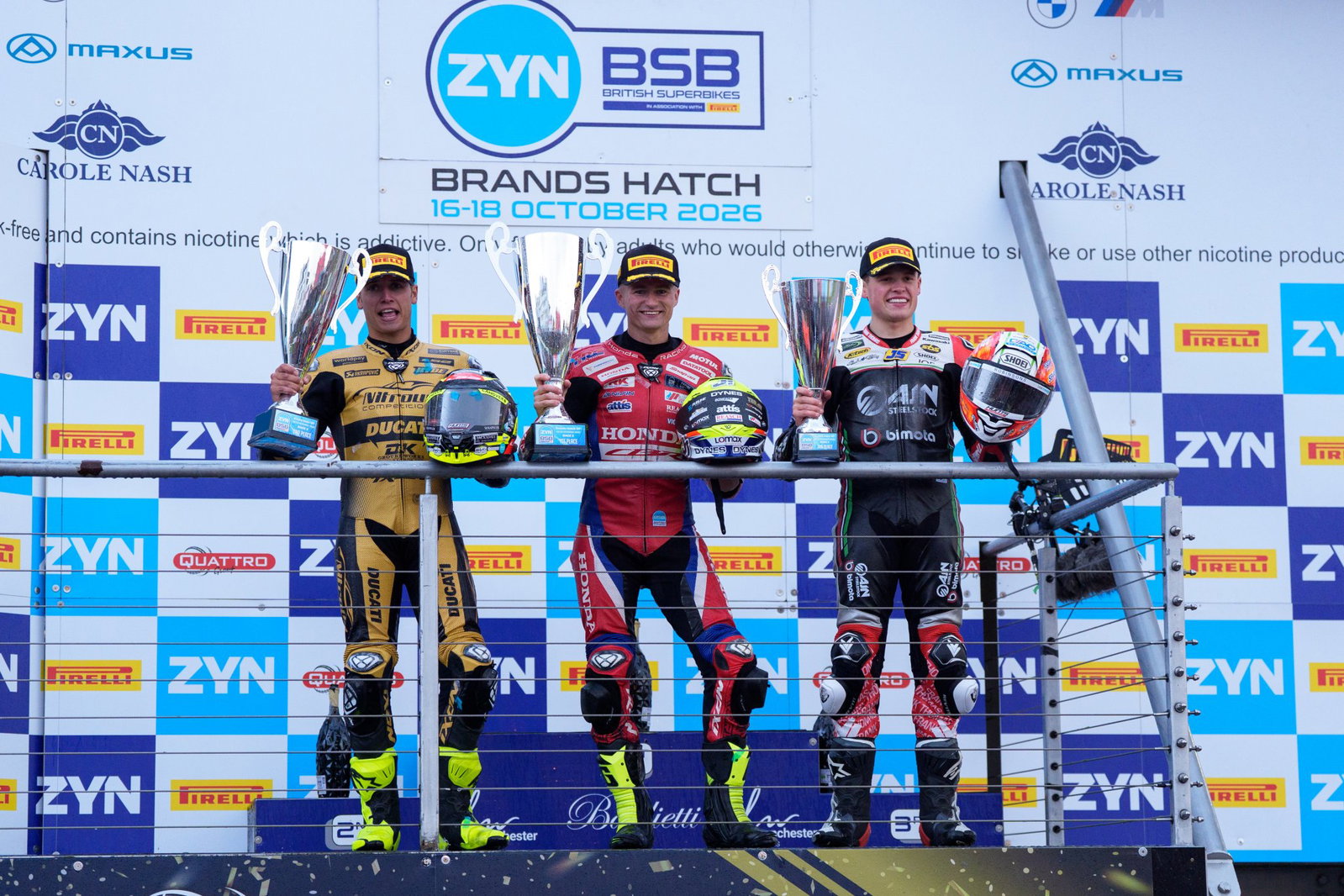 Kyle Ryde, Ryan Vickers, Joe Talbot, 2026 Brands Hatch (2) BSB, Race 3 podium. Credit: Ian Hopgood Photography.
