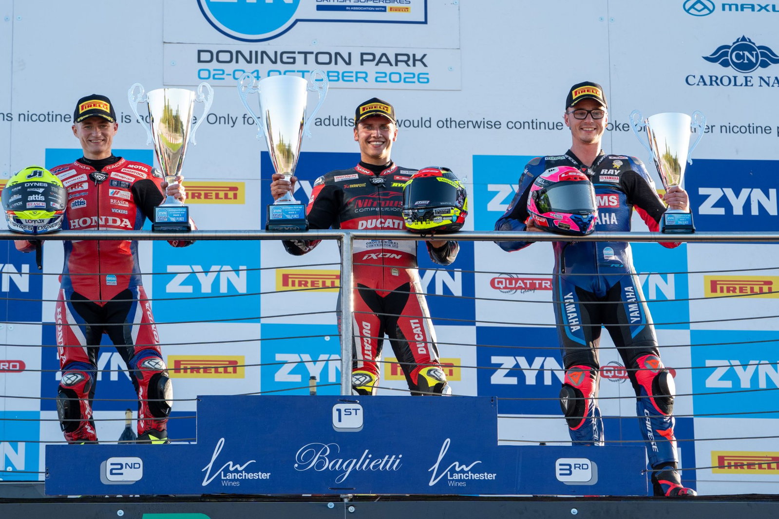Ryan Vickers, Kyle Ryde and third placed Bradley Ray, Race 1 podium , Donington Park