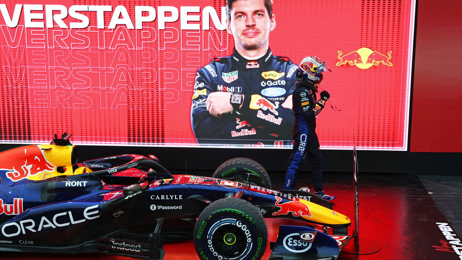 Max Verstappen celebrates his sprint race win in Singapore