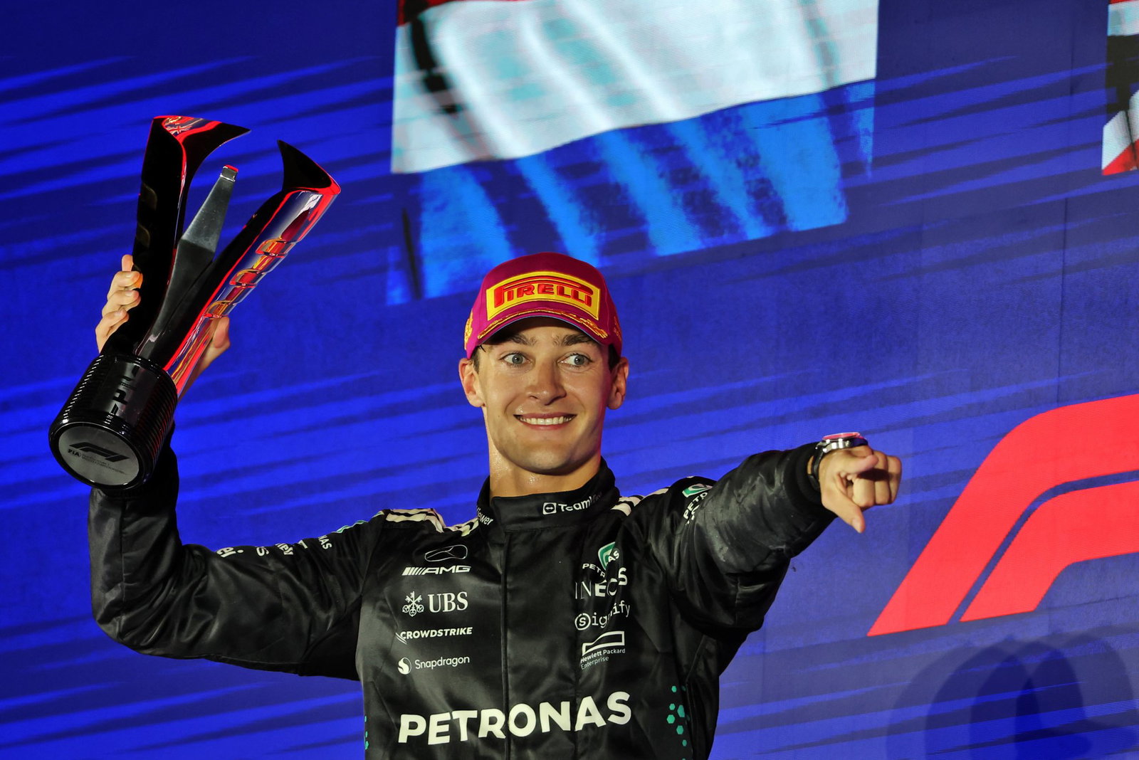 Russell celebrates his win in Singapore last year