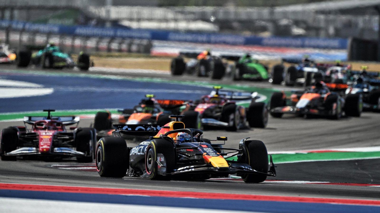 Max Verstappen leads at the start of the 2025 United States Grand Prix