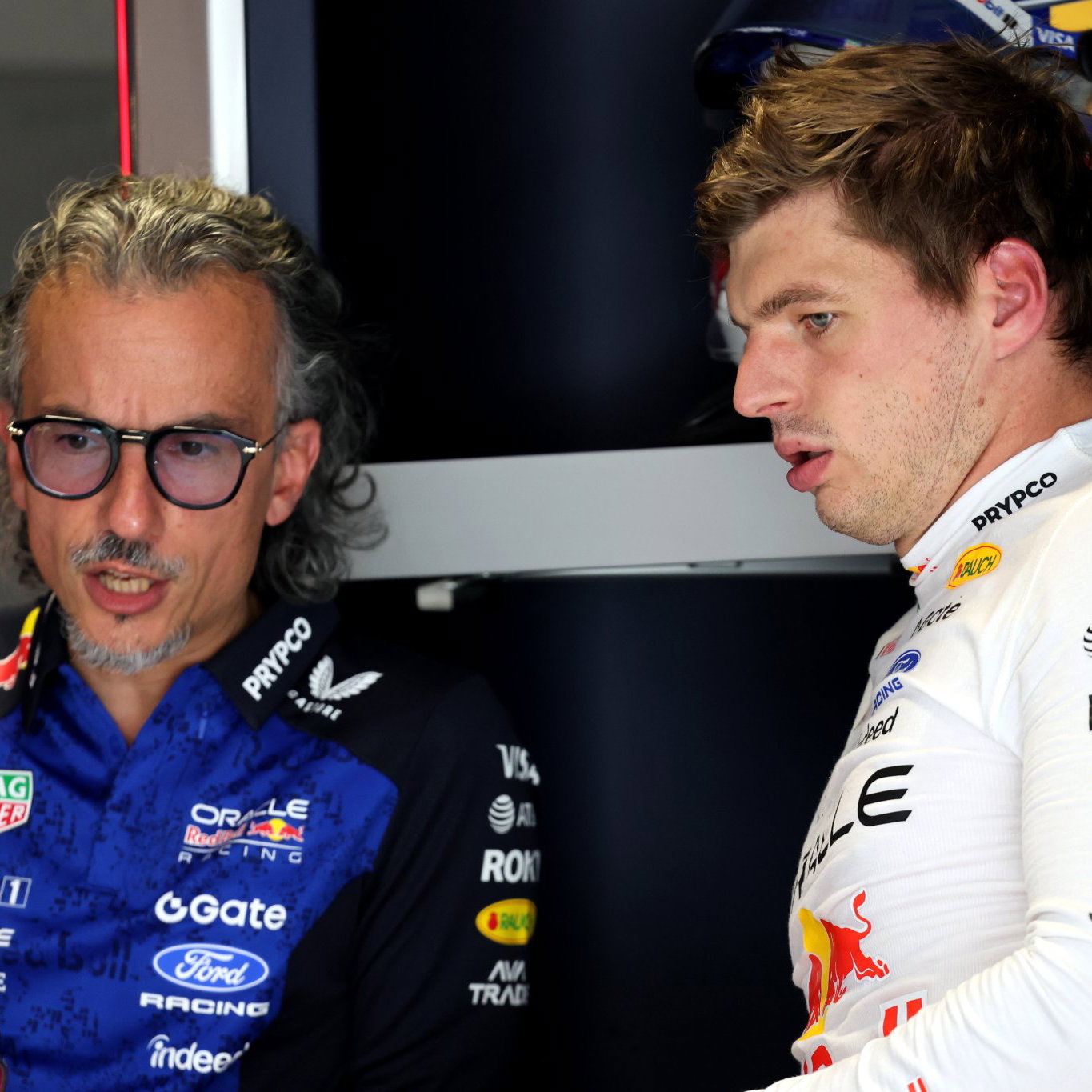 Laurent Mekies and Max Verstappen