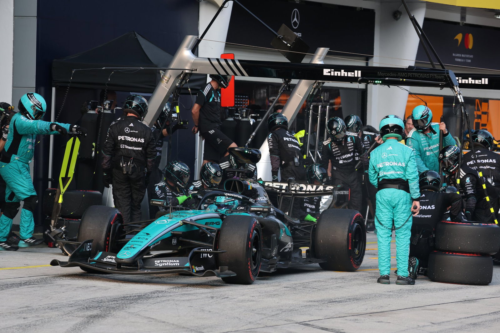 George Russell pit stop