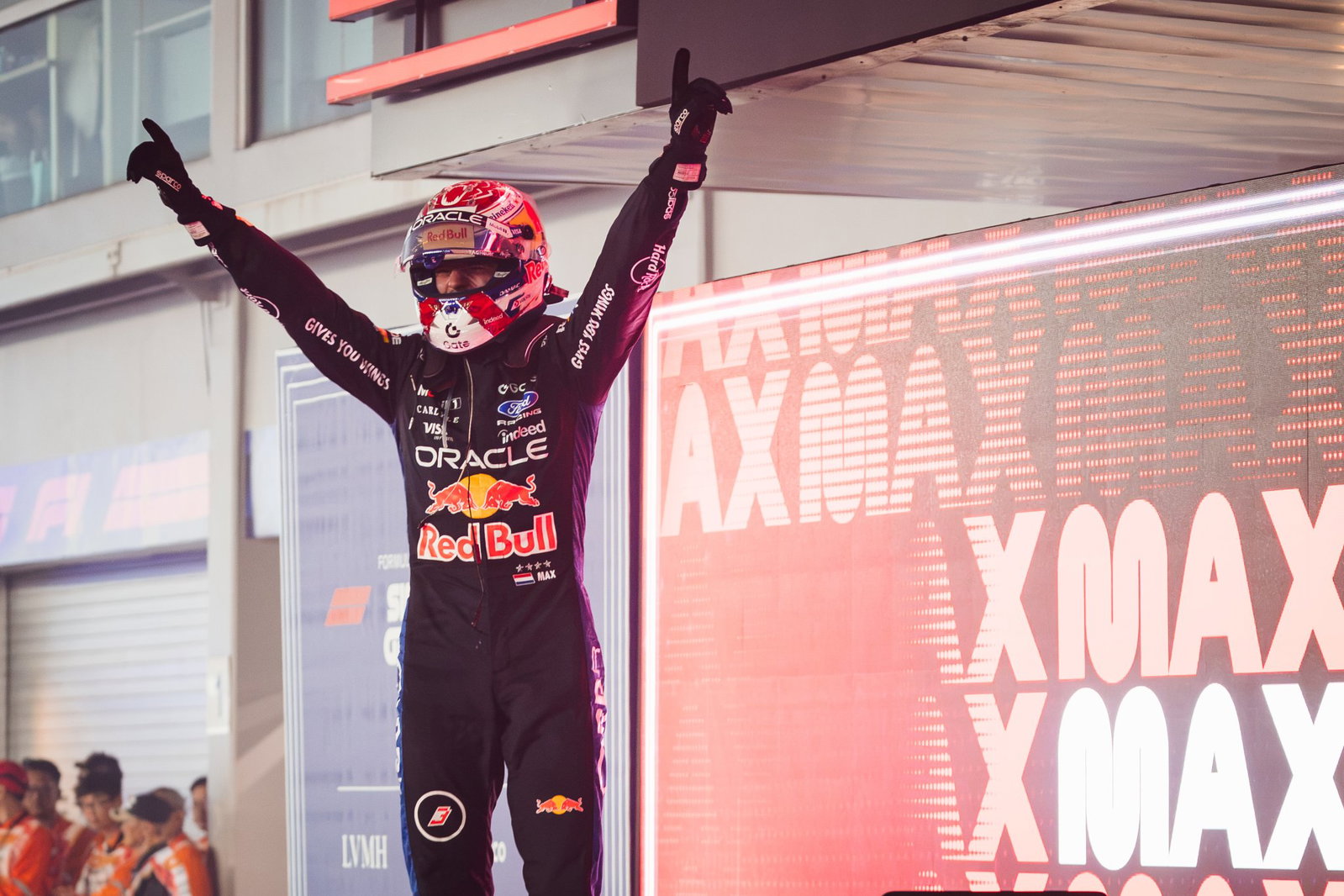 Max Verstappen celebrates his first Singapore Grand Prix victory