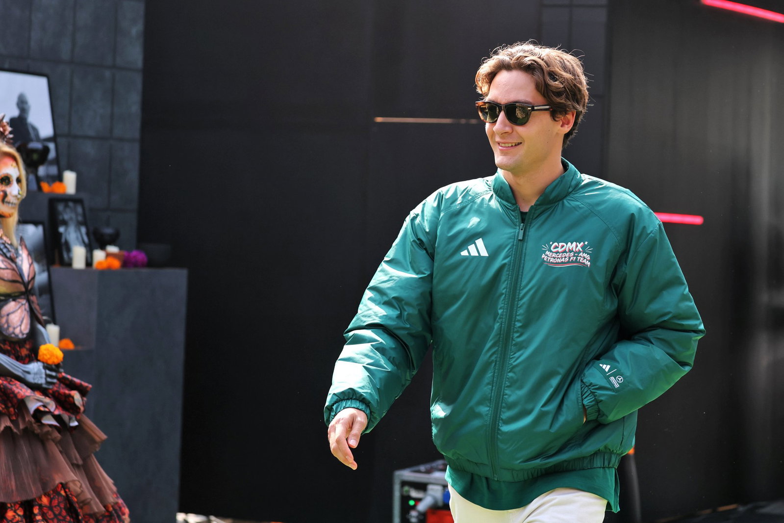 Russell arrives in the Mexico City paddock 