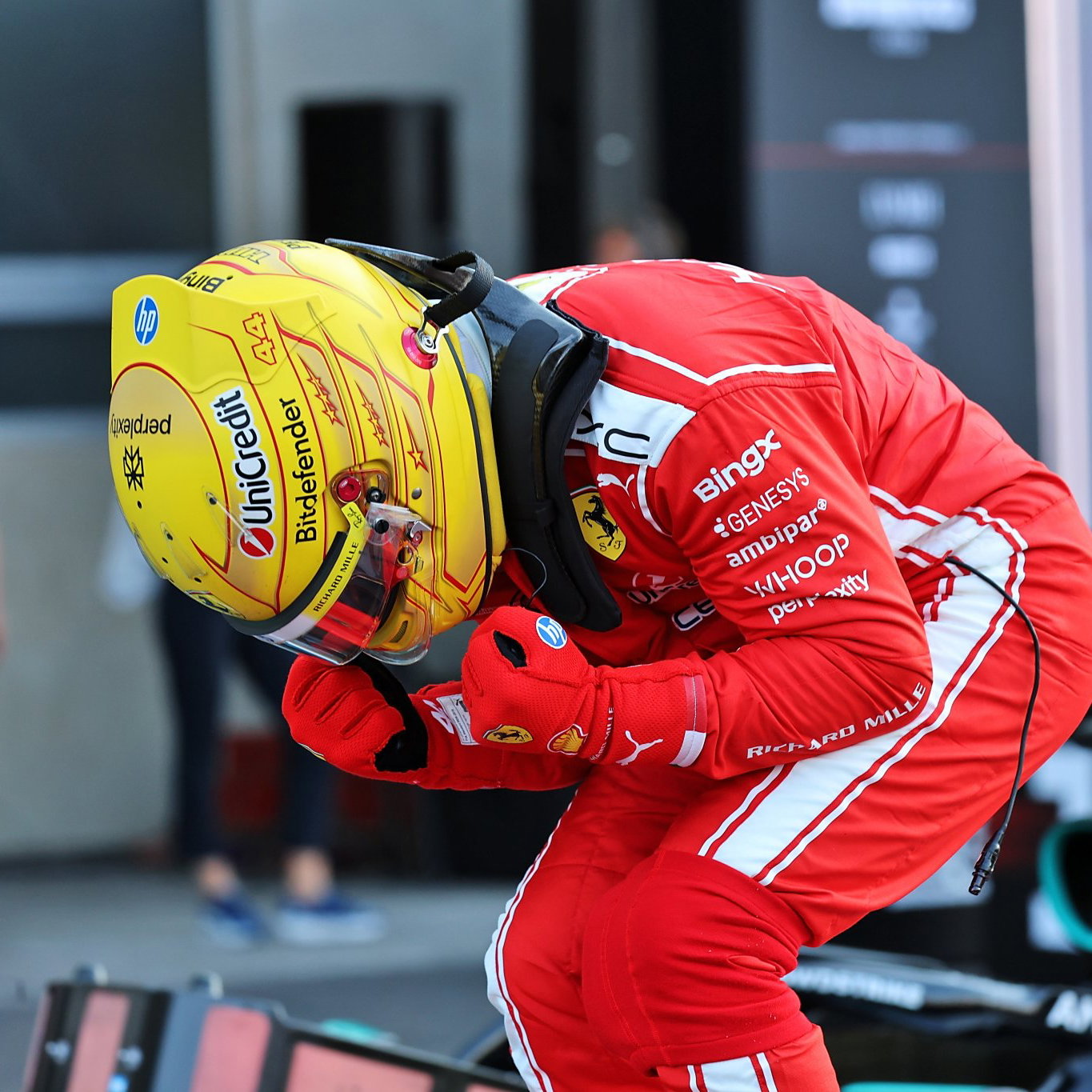 Lewis Hamilton celebrates his first F1 pole for Ferrari 