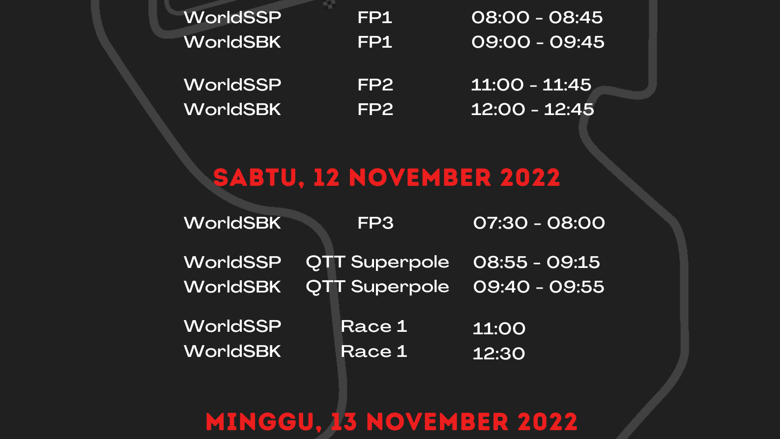 Indonesian WorldSBK Schedule (in Western Indonesian Time)