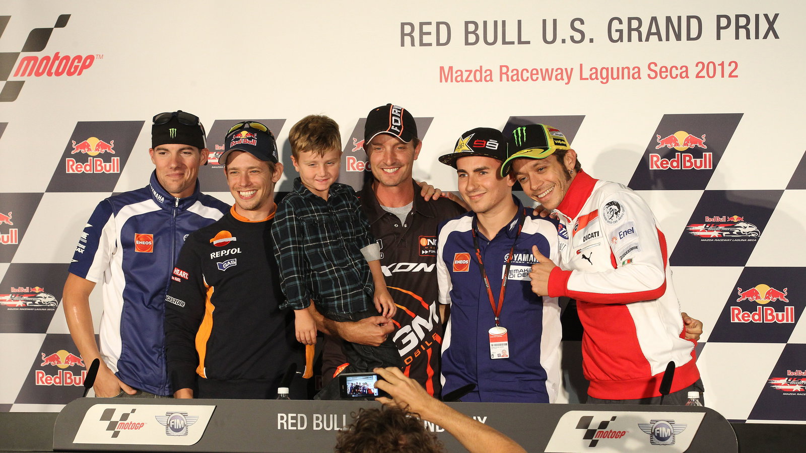 Spies, Stoner, Edwards wth his son, Lorenzo, Rossi,USA MotoGP 2012