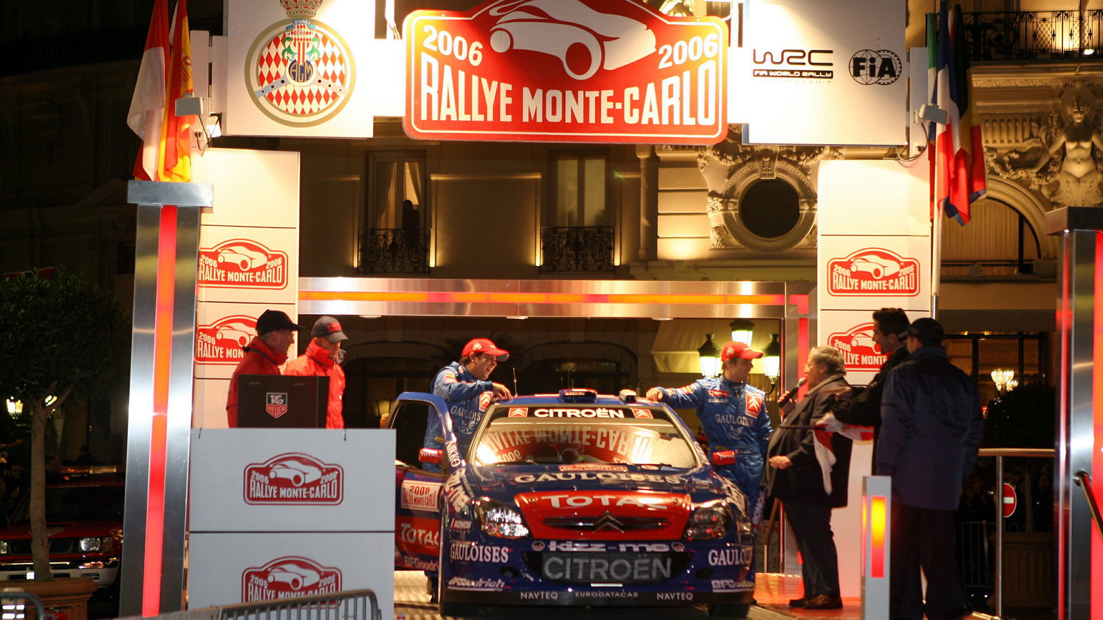 Sebastien Loeb and Daniel Elena at the start of the 2006 Monte Carlo Rally in their Kronos Citroen X